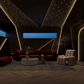 Modern Luxury Home Theater Interior Design With Starry Ceiling Red Sofa And Beige Armchairs