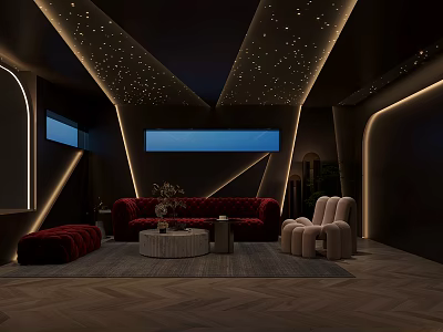 Modern Luxury Home Theater Interior Design With Starry Ceiling Red Sofa And Beige Armchairs 3d model