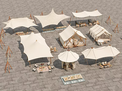 Stylish Outdoor Tents Setup With Multiple Designs Tables Chairs On Stone Pavement 3d model