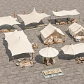 Stylish Outdoor Tents Setup With Multiple Designs Tables Chairs On Stone Pavement