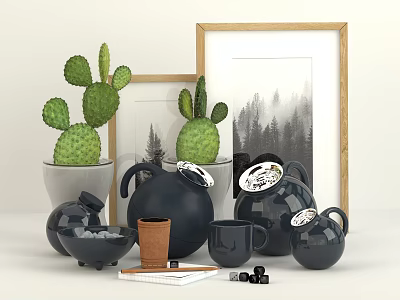 Stylish Decorative Ornament Set Featuring Cactus Wooden Frames Black Jugs Bowls Mugs and Terracotta Pot 3d model