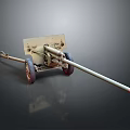 Field Gun Weapon With Long Barrel Red Wheels Light Colored Body And Towed Design