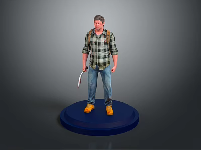 Man in Plaid Shirt Jeans and Yellow Boots Holding Knife Standing on Blue Base 3d model