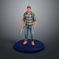 Man in Plaid Shirt Jeans and Yellow Boots Holding Knife Standing on Blue Base