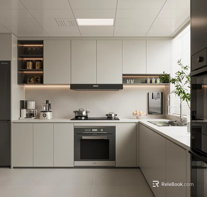 Modern Kitchen Interior With White Cabinets Black Appliances Countertop And Window Plant 3d model 