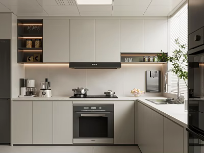 Modern Kitchen Interior With White Cabinets Black Appliances Countertop And Window Plant 3d model
