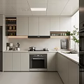 Modern Kitchen Interior With White Cabinets Black Appliances Countertop And Window Plant
