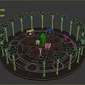 Ornate Circular Platform With Orange Central Structure Green Decorative Pillars And Intricate Floor Patterns 3d model