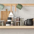 Neatly Arranged Kitchen Utensils On Wooden Shelves With Pots Dishes Mugs And Spices