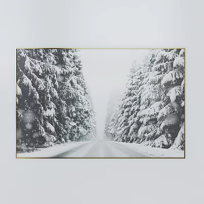 Modern Storage Cabinet With Snowy Pine Road Framed Artwork And Falling Snow Decor 3d model