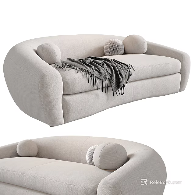 Light Beige Multi Seater Sofa With Rounded Armrests Throw Pillows And Gray Blanket 3d model