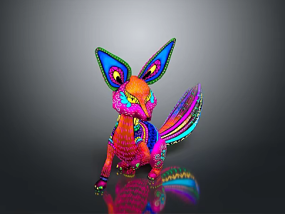 Colorful Artistic Reptile Figurine With Vibrant Feathery Ears And Decorative Tail 3d model