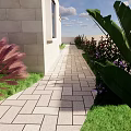 Modern Garden Landscape Featuring White Roof House Large Glass Windows Green Lawn And Trees