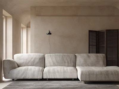 Light Linen Sectional Sofa In Minimalist Interior With Neutral Walls Natural Light And Gray Carpet 3d model