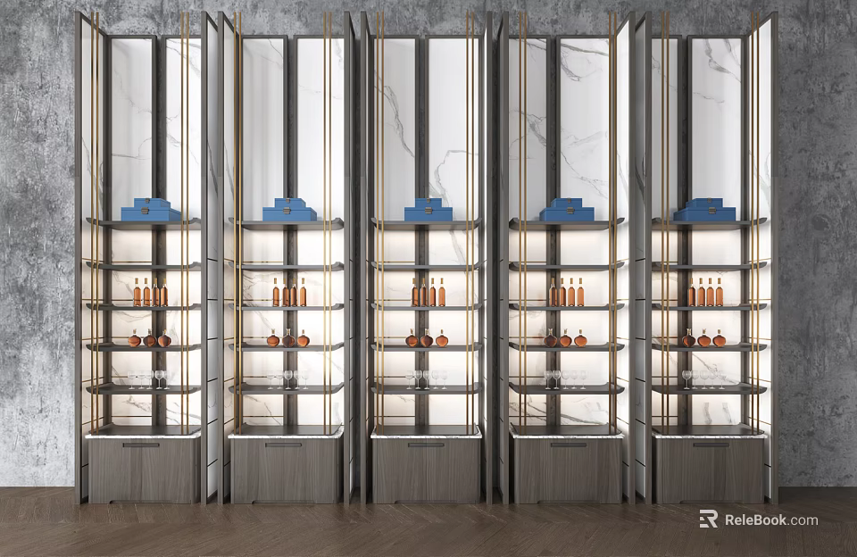 Modern Display Cabinets With Glass Doors Metal Frames Shelves Holding Blue Boxes Orange Bottles 3d model 