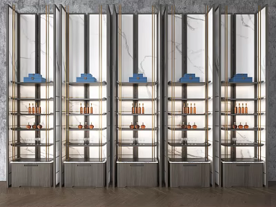 Modern Display Cabinets With Glass Doors Metal Frames Shelves Holding Blue Boxes Orange Bottles 3d model