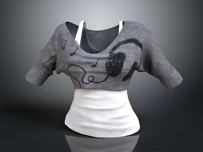 Gray And White Casual Short Sleeve Top With Headphone And Music Note Print 3d model