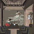 Traditional Ancient Chinese Architecture With Upturned Eaves White Walls And Circular Window