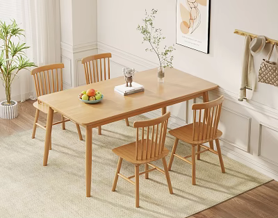 Simple Natural Wooden Dining Table Set With Four Chairs Fruit Bowl And Decor 3d model