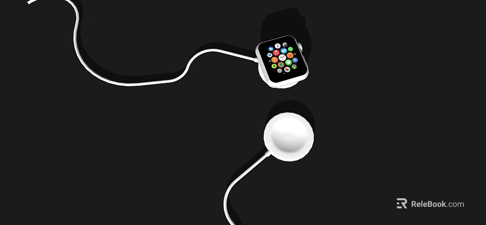 Modern Smartwatch with Colorful App Icons White Strap and Round Charging Dock on Black Background 3d model 