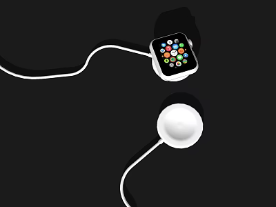 Modern Smartwatch with Colorful App Icons White Strap and Round Charging Dock on Black Background 3d model