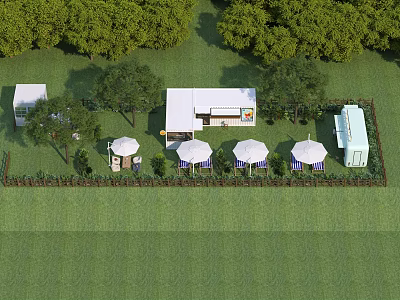 Aerial View of Garden Landscape With Green Grass Trees Small Buildings and Sun Umbrellas 3d model