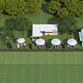 Aerial View of Garden Landscape With Green Grass Trees Small Buildings and Sun Umbrellas
