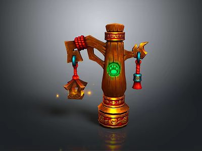 Traditional Chinese Lighting Combination With Wooden Pillar Carvings Green Gem And Glowing Lanterns 3d model