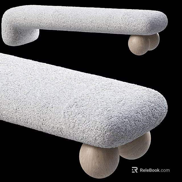 Plush Light Gray Sofa Bench With Round Wooden Legs And Soft Upholstery 3d model 