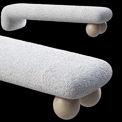 Plush Light Gray Sofa Bench With Round Wooden Legs And Soft Upholstery 3d model