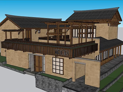 Traditional Building Exterior With Wooden Veranda Tile Roof And Earthen Walls 3d model