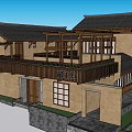 Traditional Building Exterior With Wooden Veranda Tile Roof And Earthen Walls