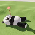Giant Inflatable Panda Landscape Sculpture On Green Grassland With Red Flag Blue Sky And Trees