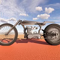 Custom Silver Motorcycle On Red Ground By Sandy Beach With Blue Sky And White Clouds