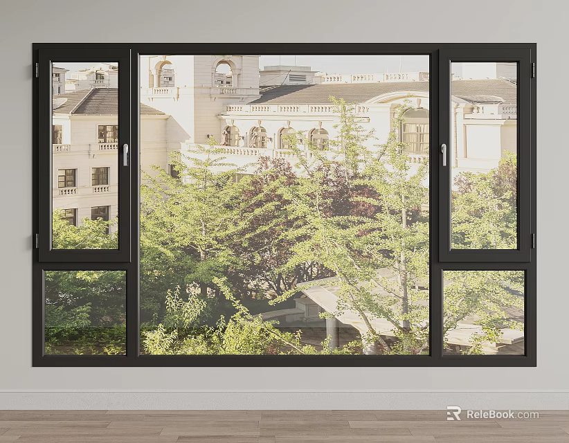 Modern Black Frame Casement Window With Green Plants View And Building Background 3d model 