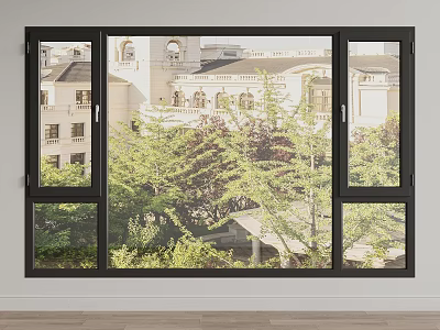 Modern Black Frame Casement Window With Green Plants View And Building Background 3d model