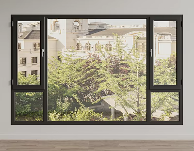 Modern Black Frame Casement Window With Green Plants View And Building Background 3d model