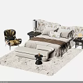 Cozy Modern Double Bed with Patterned Headboard Nightstands Table Lamps Accent Chair Bench Plush Rug