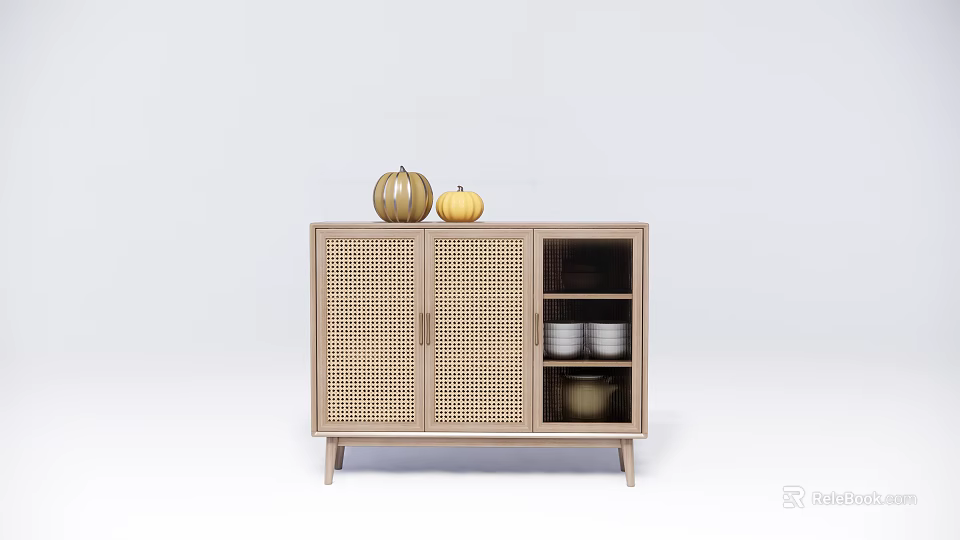 Modern Minimalist Sideboard With Wicker Doors Pumpkins On Top And Open Shelf With Bowls Jar 3d model 