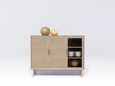 Modern Minimalist Sideboard With Wicker Doors Pumpkins On Top And Open Shelf With Bowls Jar 3d model