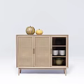 Modern Minimalist Sideboard With Wicker Doors Pumpkins On Top And Open Shelf With Bowls Jar