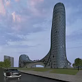 Modern Office Building With Unique Glass Facade Streamlined Design And Golden Sunset Glow Surrounded By Greenery
