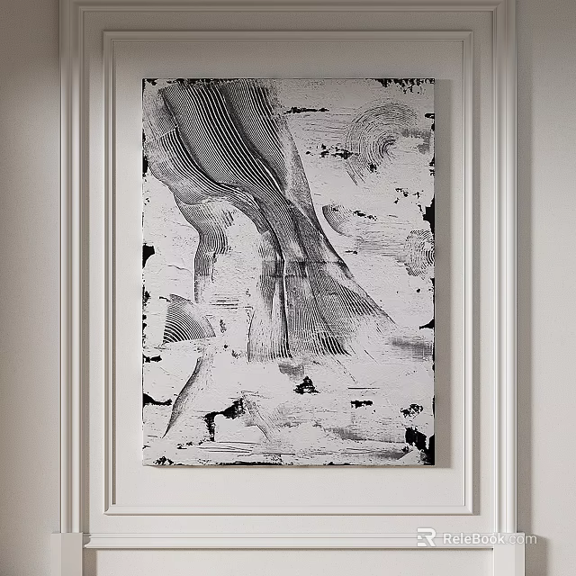 Monochrome Abstract Painting with Dynamic Lines Textured Surface and White Wall 3d model 