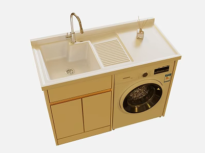 Efficient Washbasin Cabinet With Countertop Faucet Drain Board And Washing Machine 3d model