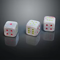 Three White Dice With Colorful Dots For Board Game Entertainment On Dark Reflective Surface