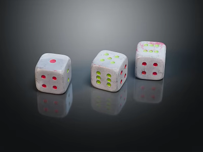 Three White Dice With Colorful Dots For Board Game Entertainment On Dark Reflective Surface 3d model