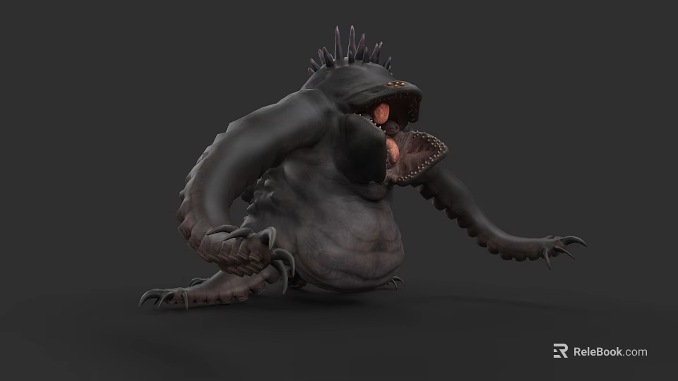 Black Spiked Monster Creature With Bulky Body Large Mouth And Tentacle Like Arms 3d model 