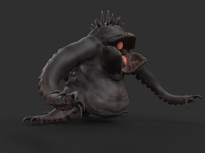 Black Spiked Monster Creature With Bulky Body Large Mouth And Tentacle Like Arms 3d model