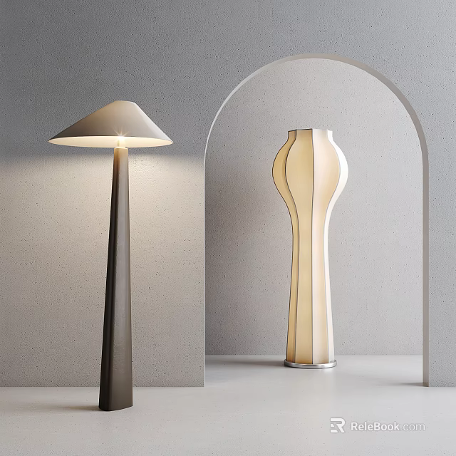 Modern Minimalist Floor Lamp In Interior With Grey Wall Arched Structure And Decorative Vase 3d model 
