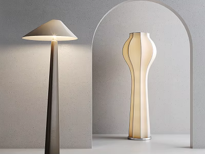 Modern Minimalist Floor Lamp In Interior With Grey Wall Arched Structure And Decorative Vase 3d model